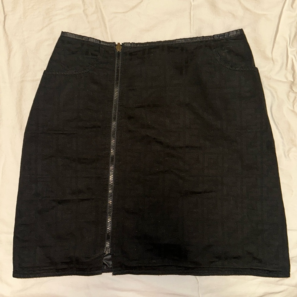 VINTAGE Fendi Logo Print Black Skirt Medium Length Reversible